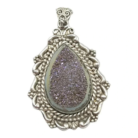 Purple Druzy Sterling Silver Designer Signed Vintage Necklace Pendant - Picture 1 of 5